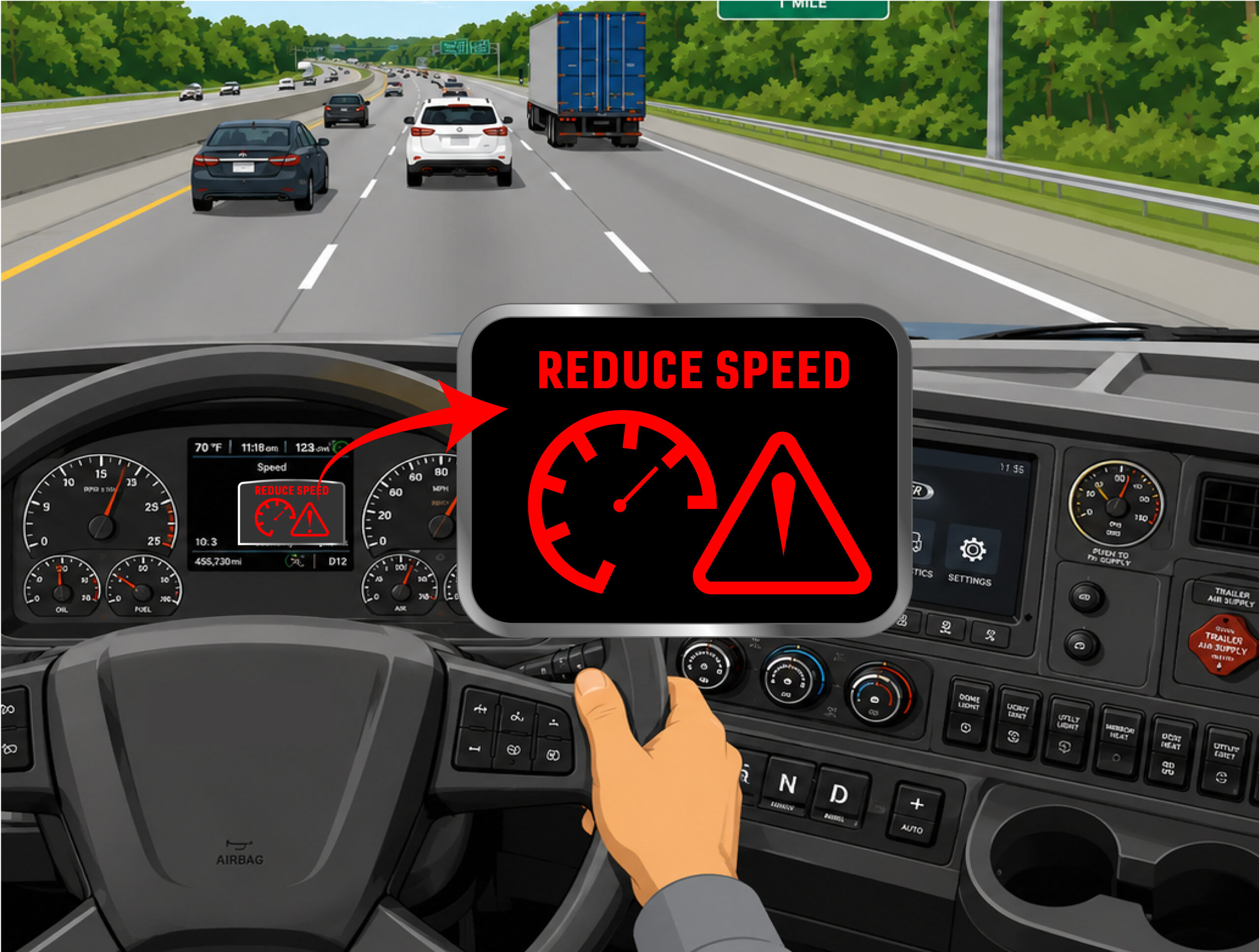 View from inside a commercial motor vehicle cab showing a highway ahead with multiple vehicles. A dashboard warning display is highlighted, showing a "REDUCE SPEED" alert with a speedometer icon and caution triangle in red on a black background.