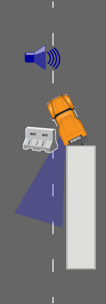 Top-down diagram of a truck angled near a barrier with a speaker icon emitting sound waves, indicating an audible alert for a nearby obstacle.