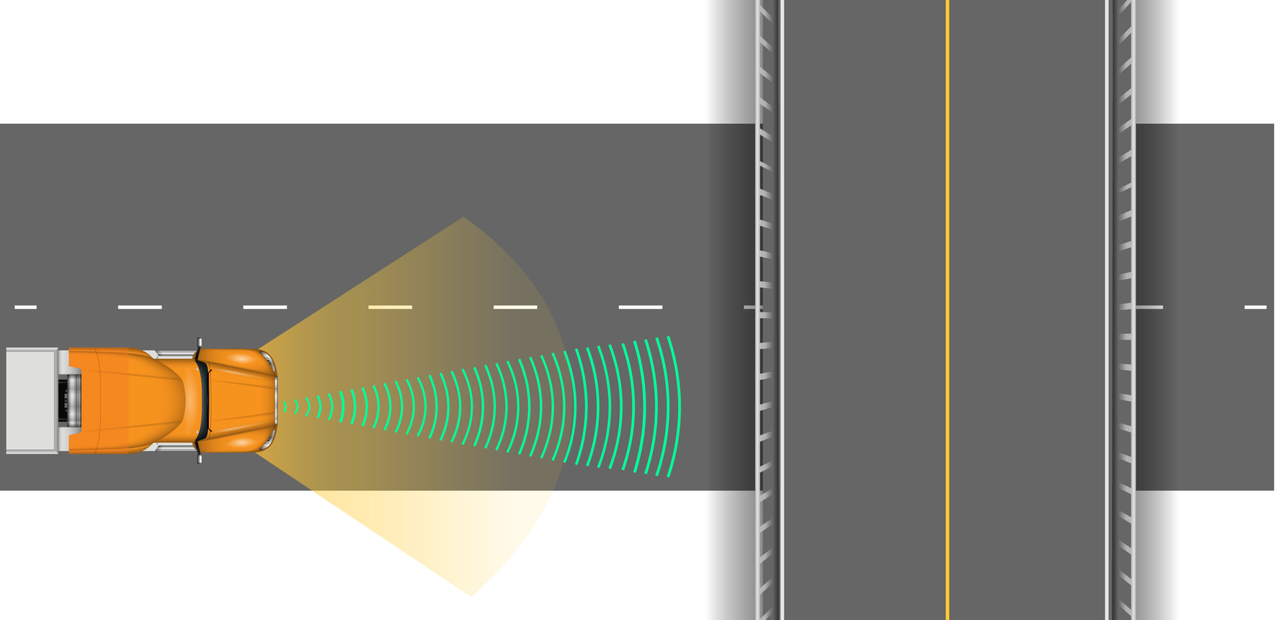 Top-down diagram of an orange truck driving toward and under a bridge, with forward-facing sensors (yellow cone and green waves) scanning the road ahead.