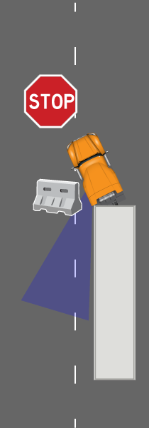 Top-down diagram of a truck angled near a barrier with a stop sign ahead, indicating the vehicle stopping to avoid contact.