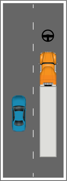 Diagram showing a car following a truck in the same lane, with a steering wheel symbol indicating lane-centering assistance is active.