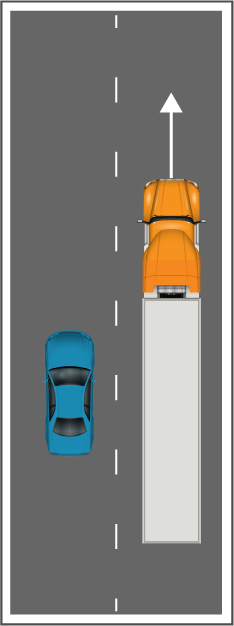 Diagram showing a car approaching behind a truck in the same lane while the truck continues straight ahead.