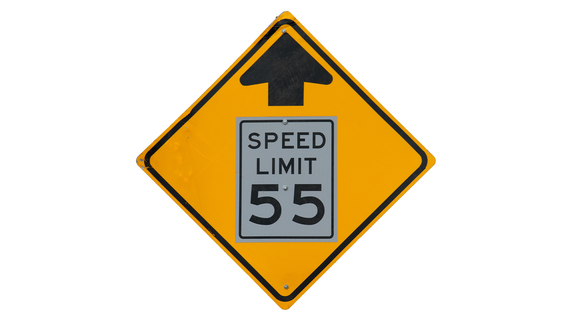 Yellow warning sign indicating a reduced speed limit ahead, with a posted speed limit of 55 mph.